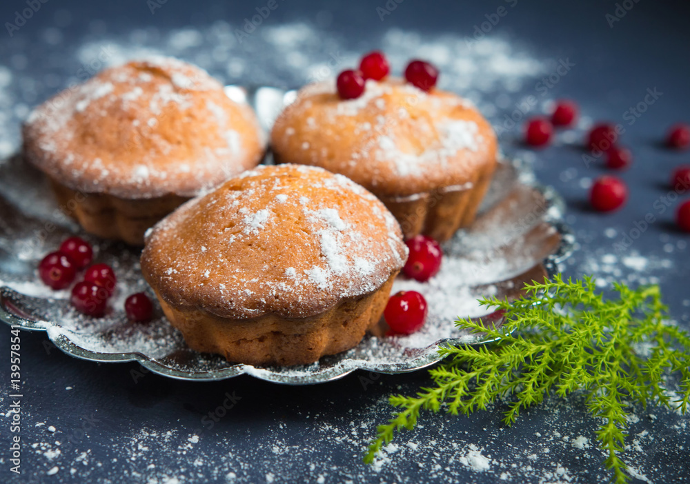 Fresh baked muffins and cranberry berries for breakfast calorie dessert on a dark background