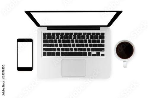 Laptop, smartphone and cup of coffee are isolated on white background. Top view, flat lay.