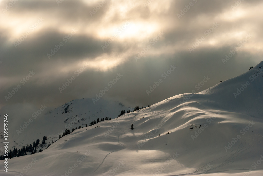 Sunrays on Scenic Snow Covered Mountains of Vorarlberg Austria