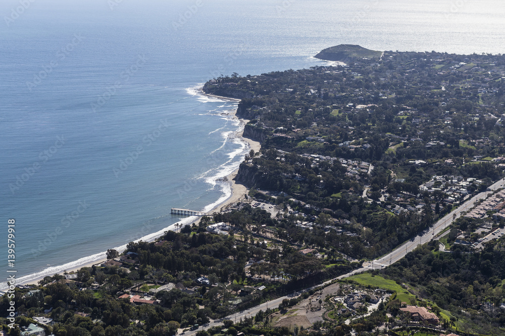 Aerial view towards Paradise Cove and Point Dume in Malibu, California.