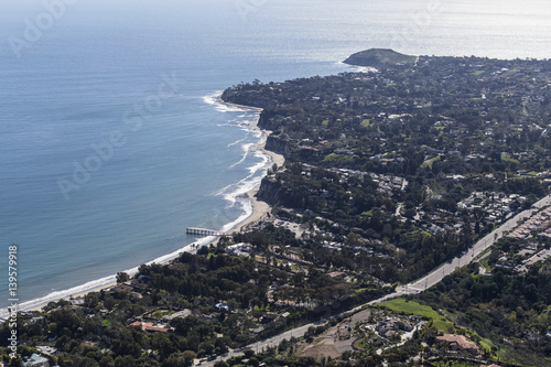 Aerial view towards Paradise Cove and Point Dume in Malibu, California.