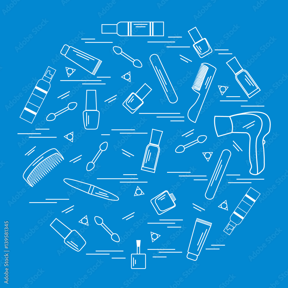 Vector illustration various accessories for the care of your body arranged in a circle: hairdryer, comb, cream, nail polish and other. Vector illustration various accessories for the care of your body arranged in a circle: hairdryer, comb, cream, nail polish and other.