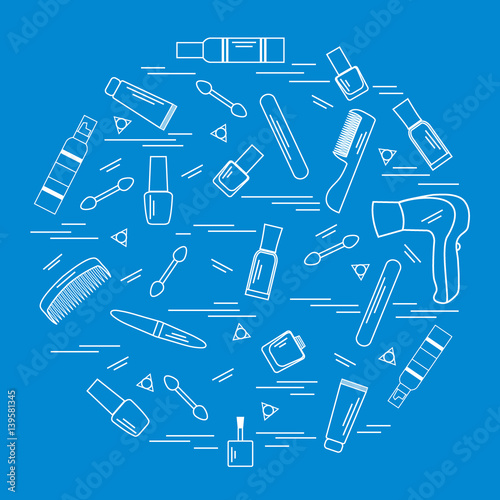 Vector illustration various accessories for the care of your body arranged in a circle  hairdryer  comb  cream  nail polish and other.