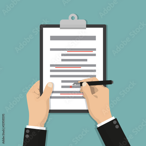Editing documents to correct errors. Proofreader checks transcription written text