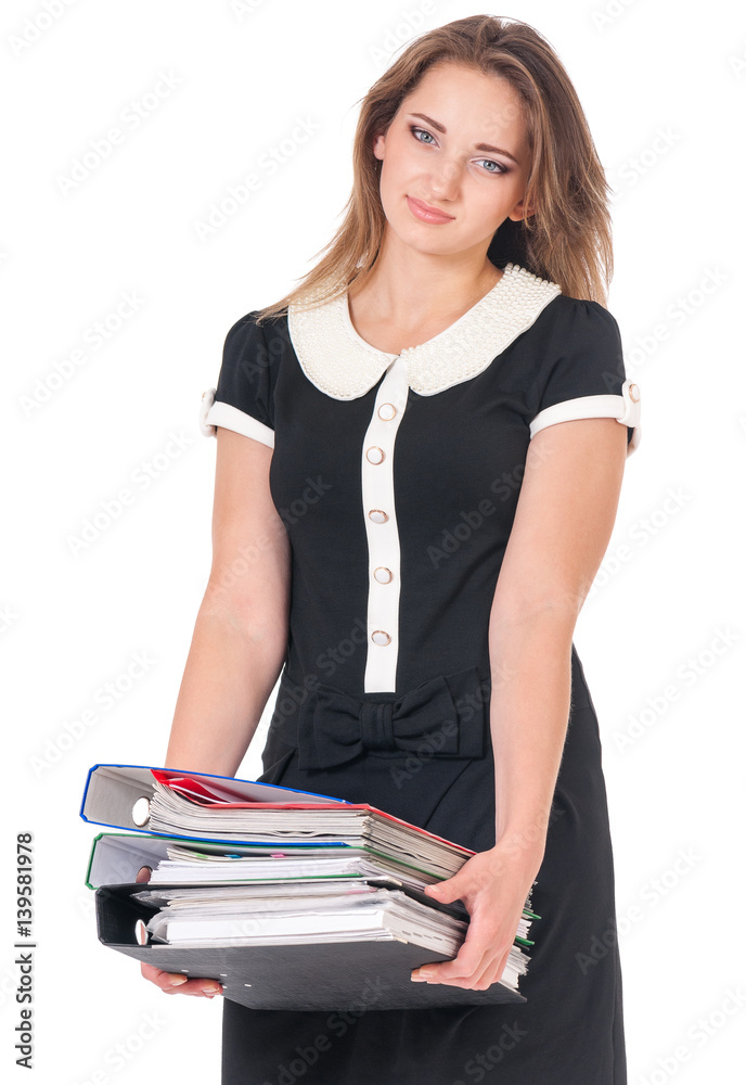 Portrait of business woman with folders, isolated on white background Portrait of business woman with folders, isolated on white background