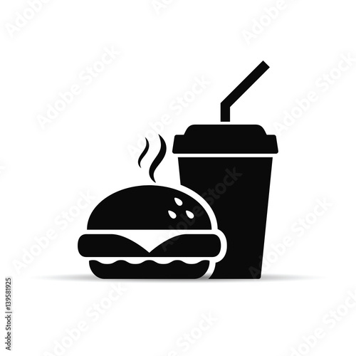 Fast food icon burger and drink, vector isolated black sign.
