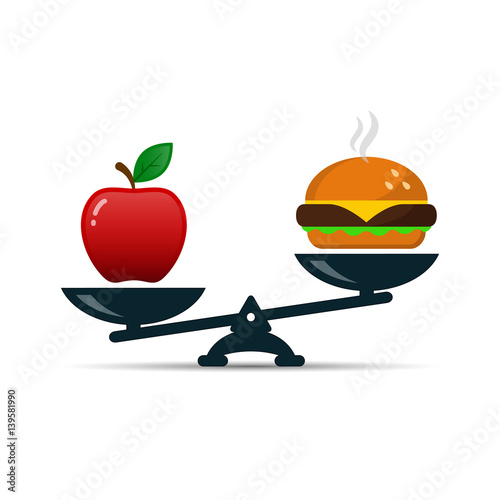 Scales with red apple and burger fast food, vector color illustration.