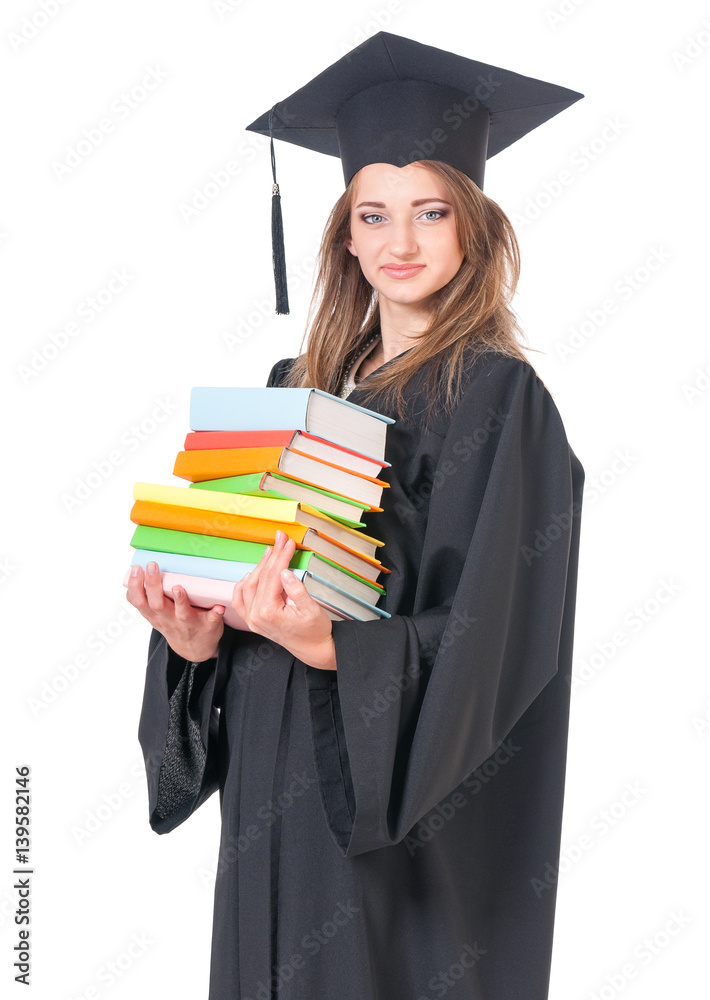 Young graduate girl student in mantle with books, isolated on white background Young graduate girl student in mantle with books, isolated on white background