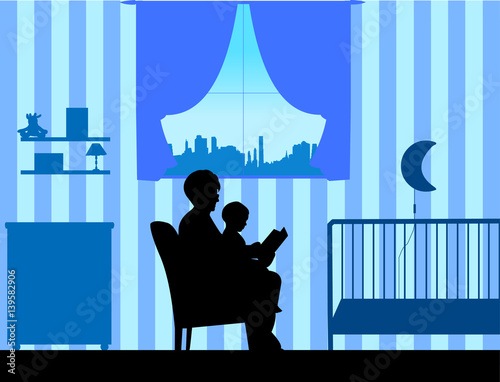 Grandmother reading his grandson a bedtime story in the room, one in the series of similar images silhouette