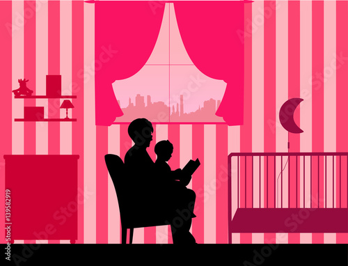 Grandmother reading his granddaughter a bedtime story in the room, one in the series of similar images silhouette