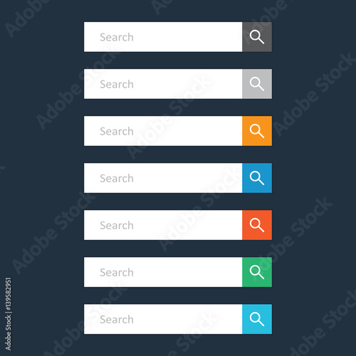 Search bar field. Set vector interface elements with search button. Flat vector illustration on dark blue background.