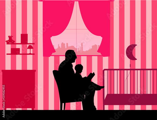 Grandfather reading his granddaughter a bedtime story in the room, one in the series of similar images silhouette