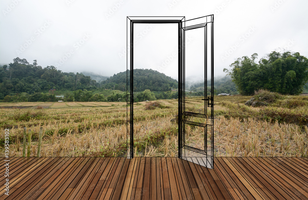 Fototapeta premium Landscape behind the opening door,3D