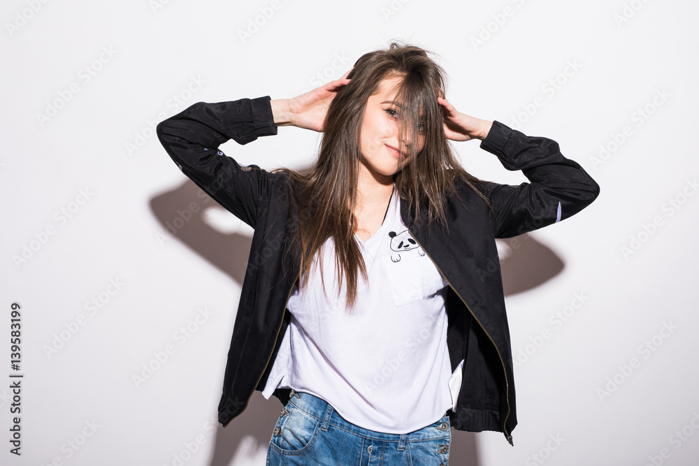 attractive girl relax in studio over gray attractive girl relax in studio over gray