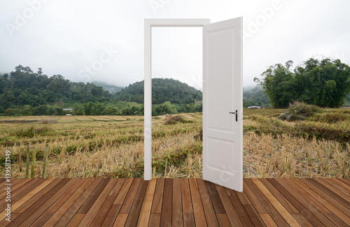 Landscape behind the opening door 3D