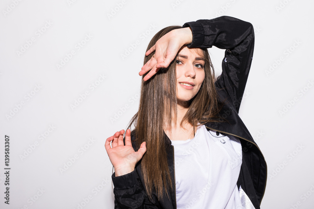 Portrait of beautiful woman, profile silhouette of attractive girl in studio over gray background with copy space. Portrait of beautiful woman, profile silhouette of attractive girl in studio over gray background with copy space.