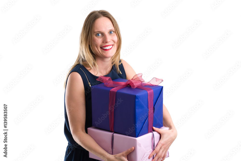 Attractive woman carrying big gift packages, isolated on white Attractive woman carrying big gift packages, isolated on white