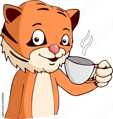 Fototapeta Naklejka Na Ścianę i Meble -  Cartoon tiger drinking coffee 