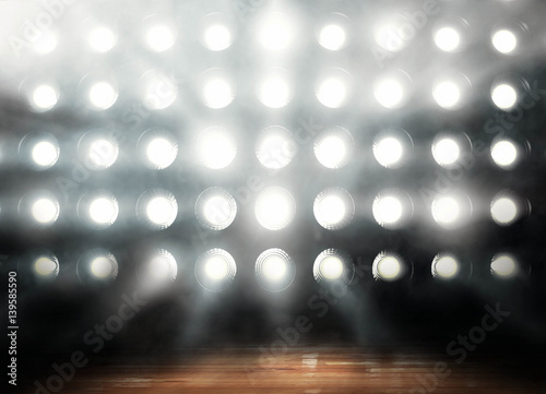 Professional basketball parquet in lights background render © masisyan