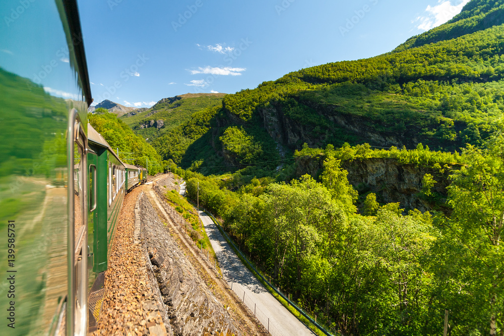 Fototapeta premium Flambsbana, The Flam Railway, spectacular train journey around mountains. Norway