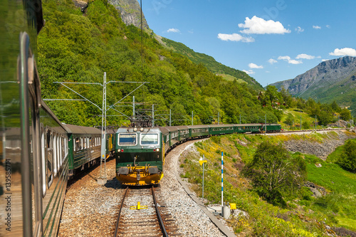 Fototapeta Flambsbana, The Flam Railway, spectacular train journey around mountains