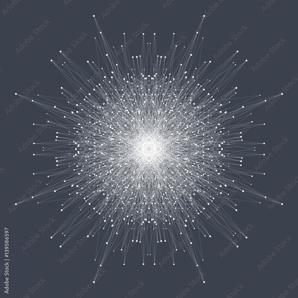 Fractal element with connected lines and dots. Big data complex. Virtual background communication or particle compounds. Digital data visualization, minimal array. Lines plexus. Vector illustration.