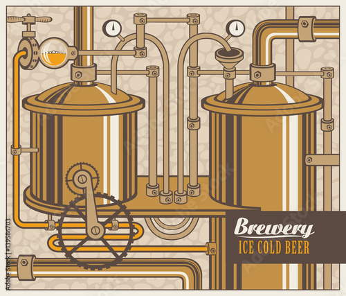 Vector banner with the brewery, beer production in retro style