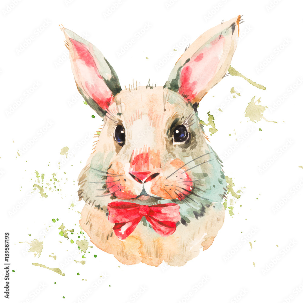 Cute watercolor white rabbit with red bow