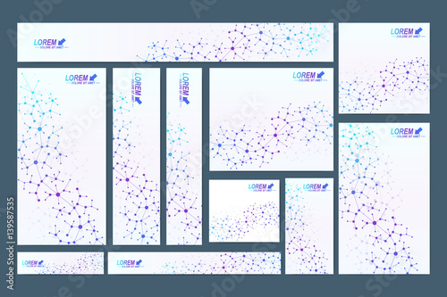 Scientific standard size banners. Geometric abstract presentation. Medical, science, technology, chemistry background molecule and communication. Cybernetic dots. Lines plexus. Card surface.