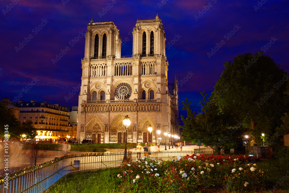 Notre Dame cathedral sunset in Paris France
