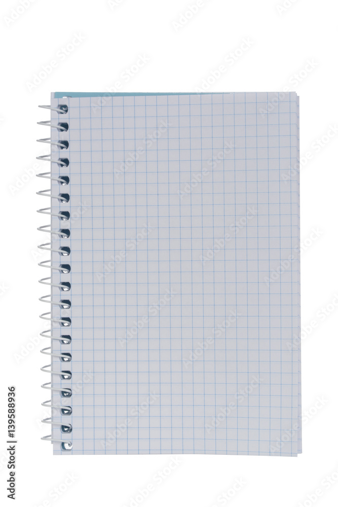 Cuaderno o libreta abierta con dibujo en cuadrícula mostrando una hoja,  aislada sobre fondo blanco Stock Photo