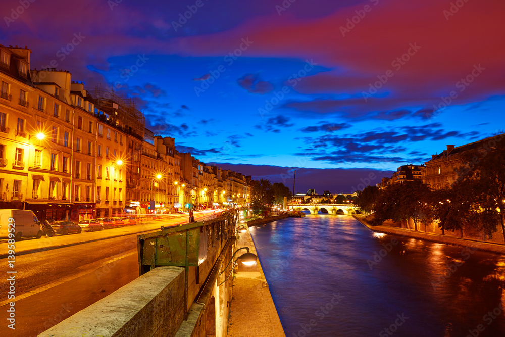 Paris Seine river sunset in France Saint Michel