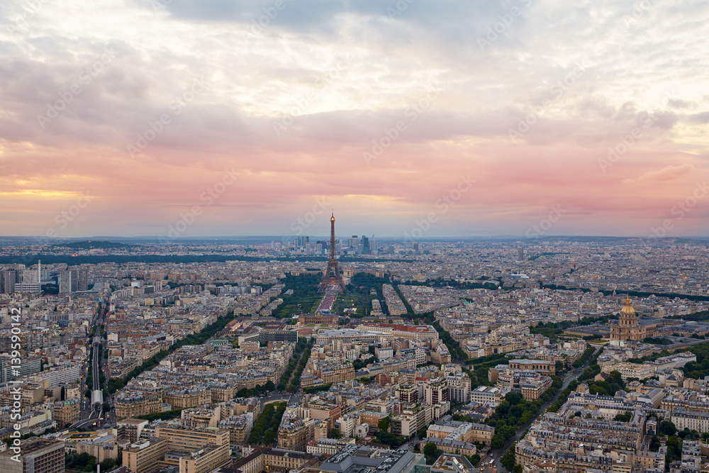 Eiffel Tower in Paris aerial sunset France