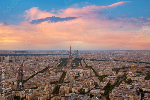 Eiffel Tower in Paris aerial sunset France © lunamarina