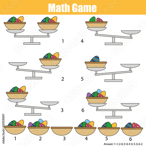Mathematics educational game for children. balance the scale. Easter eggs in basket