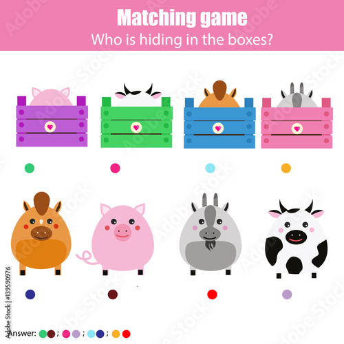 Matching children education game, kids activity. Match animals with box