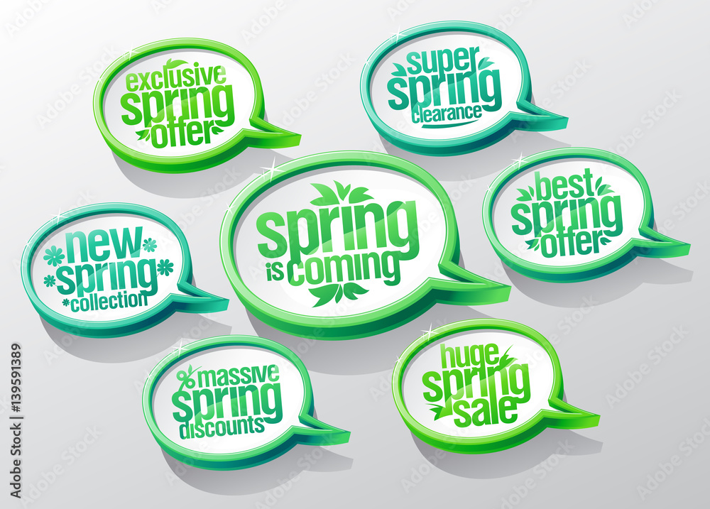 Spring is coming speech bubbles set, new spring collection, super clearance, best offer, mega savings Spring is coming speech bubbles set, new spring collection, super clearance, best offer, mega savings