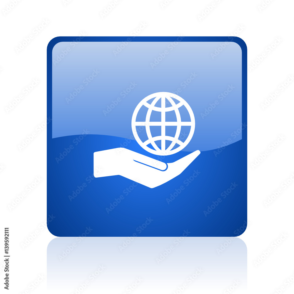 Hand protect the earth blue square glossy vector web icon. Modern design internet button for smartphone applications Hand protect the earth blue square glossy vector web icon. Modern design internet button for smartphone applications