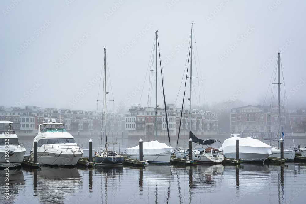 A marina in fog, at the Inner Harbor, in Baltimore, Maryland.