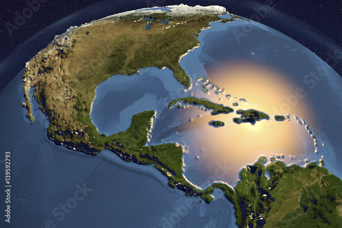 Photography Planet Earth from space showing Japan in night with enhanced bump, 3D illustrati