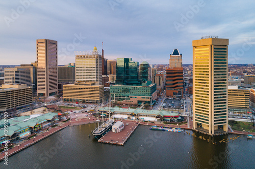 Aerial view of the Inner Harbor in Baltimore  Maryland.