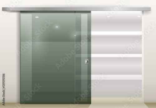 Sliding door wardrobe or dressing room, changing rooms, shop with a wood texture in vector graphics