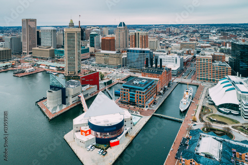 Aerial view of the Inner Harbor in Baltimore, Maryland.