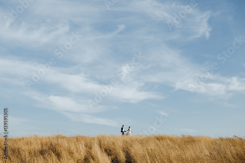 groom and bride in a wedding dress going through the field on a background of blue sky at sunset