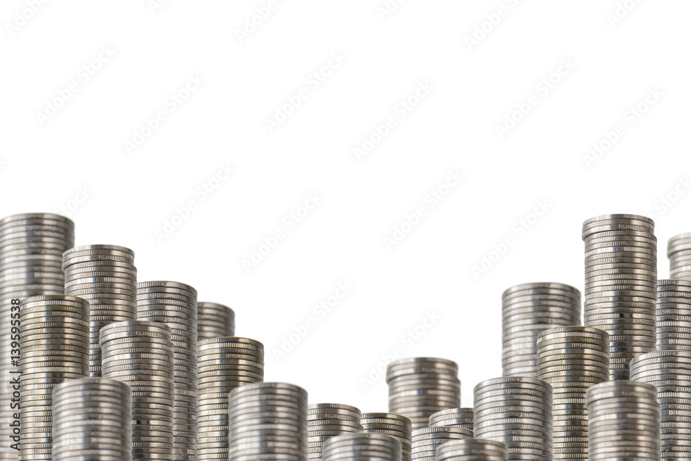 Rows of coin stacks isolated on white. lower decoration with money.