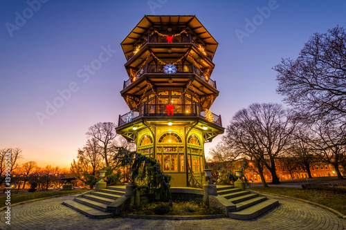 Christmas decorations on the Patterson Park Pagoda at sunset, in Baltimore, Maryland.