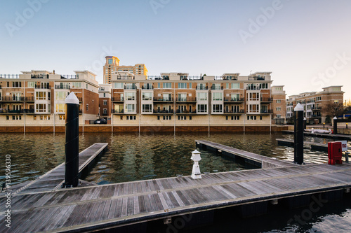 Docks and waterfront residences at the Inner Harbor in Baltimore, Maryland.