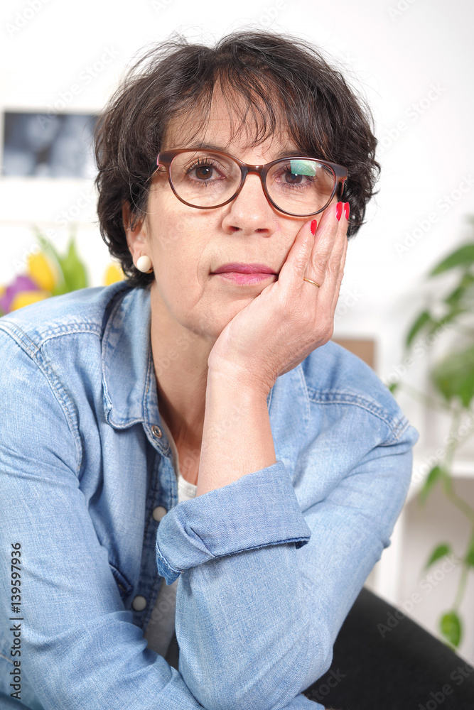 portrait of brunette mature woman with glasses portrait of brunette mature woman with glasses