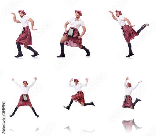 Scottish man dancing on white