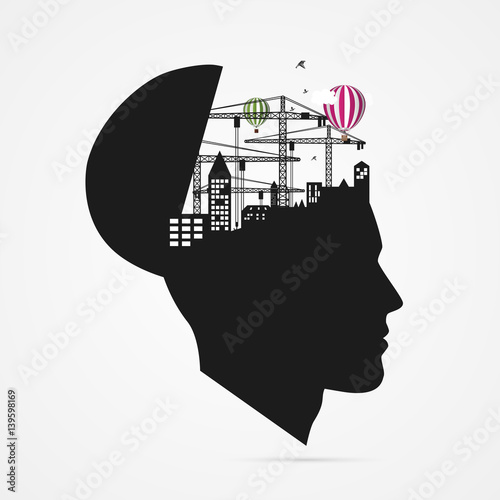 Human brain. creative imagination concept with city